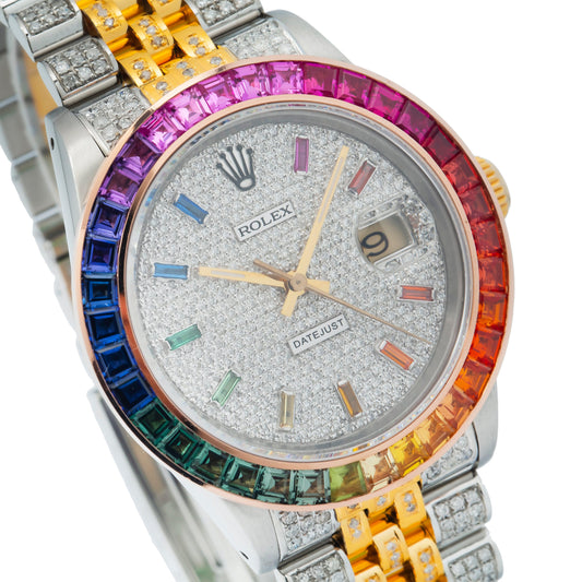 Rolex Datejust 36MM 16013 Diamond Paved Rainbow Hour Dial Rainbow Gemstone Bezel Two Tone Yellow Gold Full Diamond Jubilee Bracelet