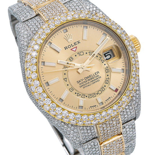 Rolex Sky-Dweller 42MM 326933 Champagne Dial Diamond Bezel Two Tone Yellow Gold Full Diamond Oyster Bracelet