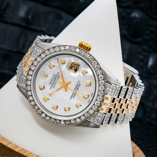 Rolex Datejust 36MM 1601 Mother of Pearl Diamond Dial Diamond Bezel Two Tone Yellow Gold Full Diamond Jubilee Bracelet