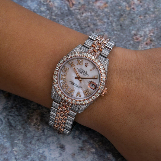 Rolex Datejust 31MM 178241 Mother of Pearl Roman Diamond Dial Diamond Bezel Two Tone Rose Gold Full Diamond Jubilee Bracelet 9.25ct