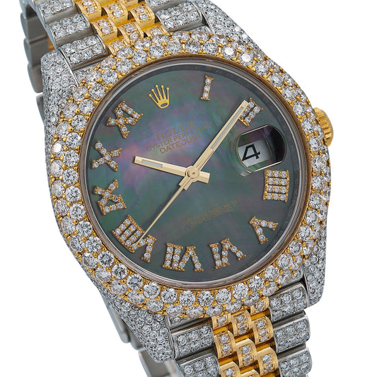 Rolex Datejust 41MM 126333 Black Mother of Pearl Roman Diamond Dial Diamond Bezel Two Tone Yellow Gold Full Diamond Jubilee Bracelet