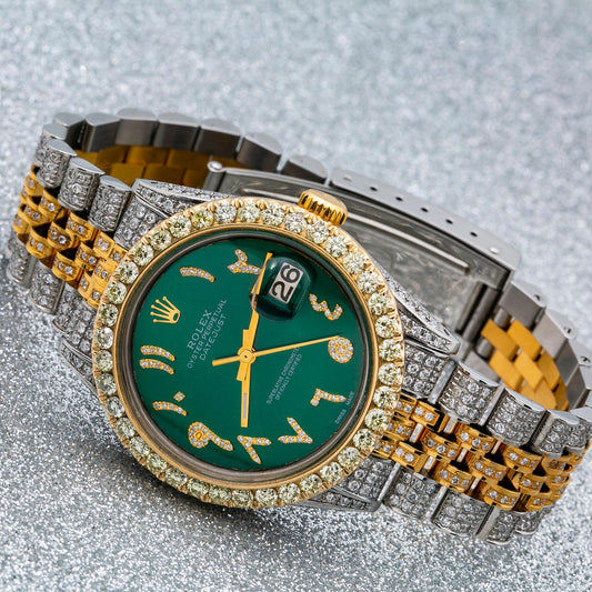 Rolex Datejust 36MM 1601 Green Eastern Arabic Diamond Dial Diamond Bezel Two Tone Yellow Gold Full Diamond Jubilee Bracelet 8.25ct