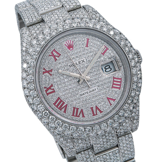 Rolex Datejust 41MM 116300 Diamond Paved Pink Roman Dial Diamond Bezel Stainless Steel Full Diamond Oyster Bracelet 19.75ct