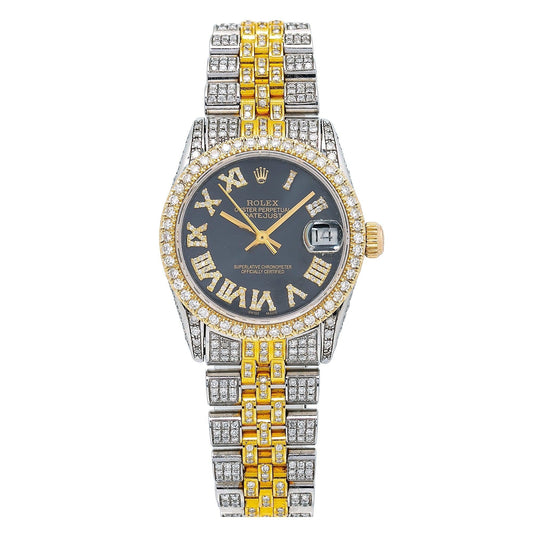 Rolex Datejust 31MM 6824 Black Roman Diamond Dial Diamond Bezel Two Tone Yellow Gold Full Diamond Jubilee Bracelet