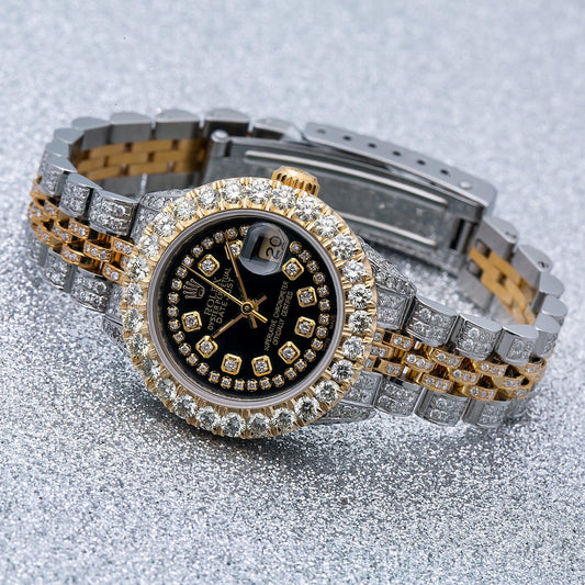 Rolex Datejust 26MM 69173 Black Diamond Dial Diamond Bezel Two Tone Yellow Gold Full Diamond Jubilee Bracelet 5.25ct