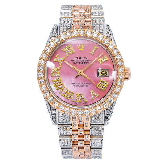 Rolex Datejust 36MM 1601 Pink Mother of Pearl Roman Diamond Dial Diamond Bezel Two Tone Rose Gold Full Diamond Jubilee Bracelet