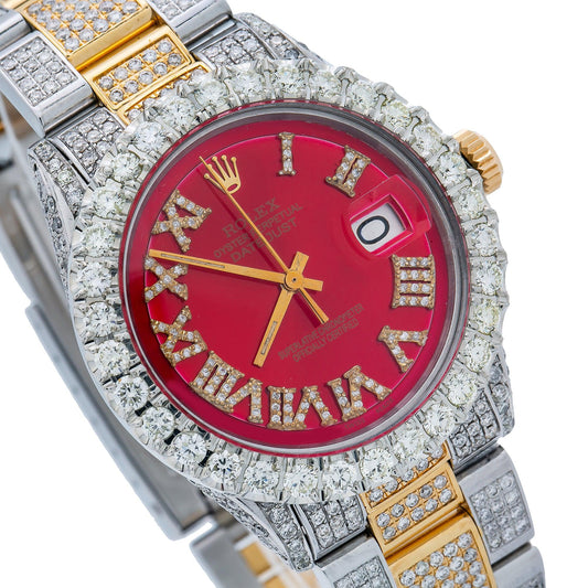 Rolex Datejust 36MM 1601 Red Roman Diamond Dial Diamond Bezel Two Tone Yellow Gold Full Diamond Oyster Bracelet 9.75ct