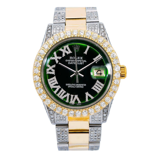 Rolex Datejust 36MM 1601 Green Roman Diamond Dial Diamond Bezel Two Tone Yellow Gold Semi Diamond Oyster Bracelet