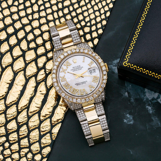 Rolex Datejust 36MM 1601 Mother of Pearl Roman Diamond Dial Diamond Bezel Two Tone Yellow Gold Semi Diamond Jubilee Bracelet
