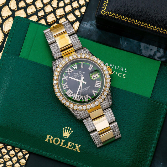 Rolex Datejust 36MM 1601 Green Roman Diamond Dial Diamond Bezel Two Tone Yellow Gold Semi Diamond Oyster Bracelet