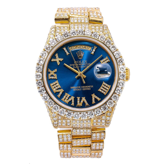 Rolex Day-Date 36MM 18038 Blue Roman Diamond Dial Diamond Bezel 18K Yellow Gold Full Diamond President Bracelet 9.25ct