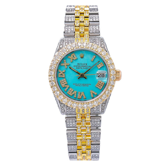 Rolex Datejust 31MM 6827 Turquoise Roman Diamond Dial Diamond Bezel Two Tone Yellow Gold Full Diamond Jubilee Bracelet 7.25ct