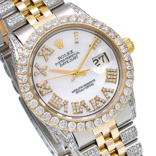 Rolex Datejust 36MM 1601 Mother of Pearl Roman Diamond Dial Diamond Bezel Two Tone Yellow Gold Semi Diamond Jubilee Bracelet 8.75ct
