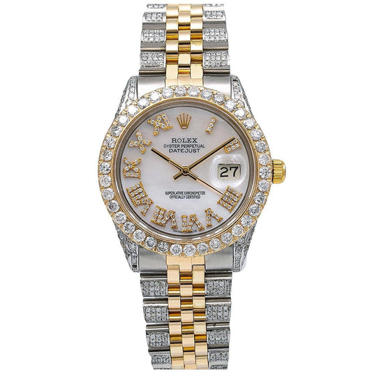 Rolex Datejust 36MM 1601 Mother of Pearl Roman Diamond Dial Diamond Bezel Two Tone Yellow Gold Semi Diamond Jubilee Bracelet 8.75ct