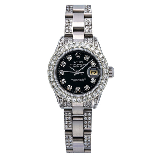 Rolex Datejust 26MM 69160 Black Diamond Dial Diamond Bezel Stainless Steel Semi Diamond Oyster Bracelet 4.25ct