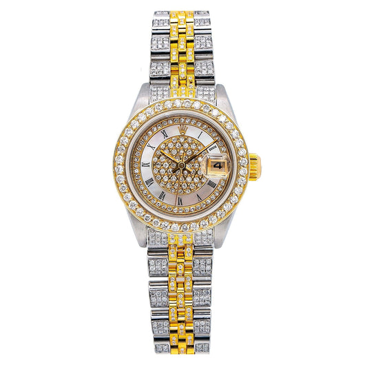 Rolex Datejust 26MM 69173 Diamond Paved Mother of Pearl Roman Dial Diamond Bezel Two Tone Yellow Gold Full Diamond Jubilee Bracelet 5.25ct