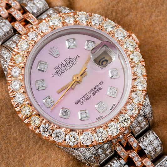 Rolex Datejust 26MM 6917 Pink Mother of Pearl Diamond Dial Diamond Bezel Two Tone Rose Gold Full Diamond Jubilee Bracelet 7.25ct