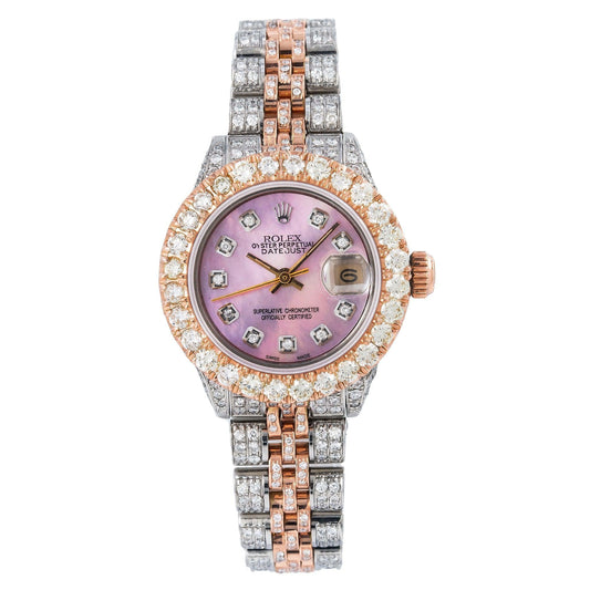 Rolex Datejust 26MM 6917 Pink Mother of Pearl Diamond Dial Diamond Bezel Two Tone Rose Gold Full Diamond Jubilee Bracelet 7.25ct