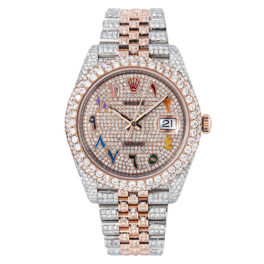 Rolex Datejust 41MM 126331 Diamond Paved Rainbow Eastern Arabic Dial Diamond Bezel Two Tone Rose Gold Full Diamond Oyster Bracelet 15.75ct
