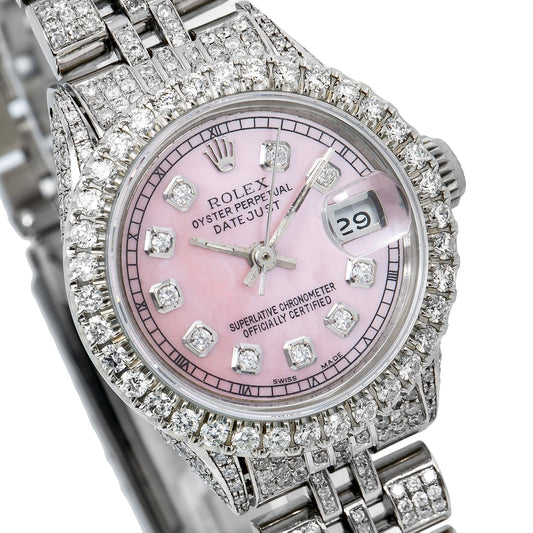 Rolex Datejust 26MM 6916 Pink Mother of Pearl Diamond Dial Diamond Bezel Stainless Steel Full Diamond Jubilee Bracelet 6.75ct
