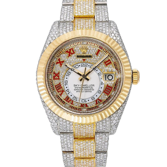 Rolex Sky-Dweller 42MM 326933 Diamond Paved Red Roman Dial Fluted Bezel Two Tone Yellow Gold Full Diamond Oyster Bracelet 25.75ct
