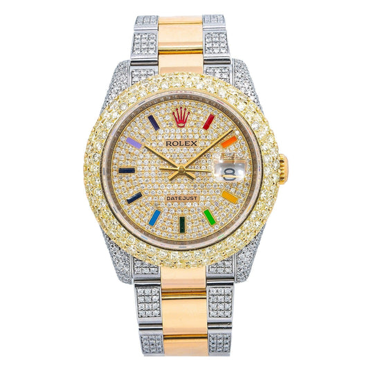 Rolex Datejust 36MM 116203 Diamond Paved Rainbow Hour Dial Diamond Bezel Two Tone Yellow Gold Semi Diamond Oyster Bracelet