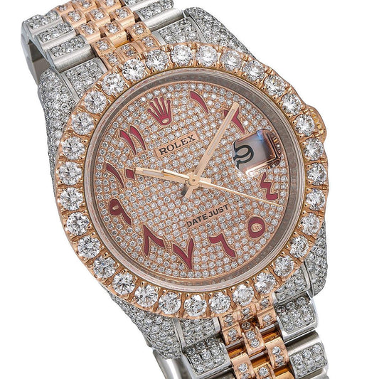 Rolex Datejust 36MM 116231 Diamond Paved Red Eastern Arabic Dial Diamond Bezel Two Tone Rose Gold Full Diamond Jubilee Bracelet 17.25ct