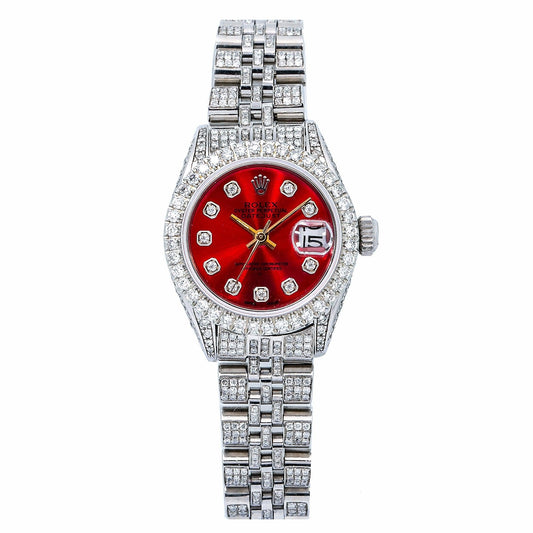 Rolex Datejust 26MM 6916 Red Diamond Dial Diamond Bezel Stainless Steel Full Diamond Jubilee Bracelet