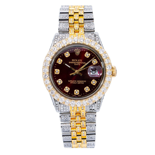 Rolex Datejust 36MM 1601 Burgundy Diamond Dial Diamond Bezel Two Tone Yellow Gold Full Diamond Jubilee Bracelet