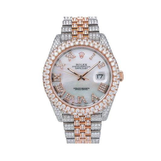 Rolex Datejust 41MM 126331 Mother of Pearl Roman Diamond Dial Diamond Bezel Two Tone Rose Gold Full Diamond Jubilee Bracelet 19.25ct