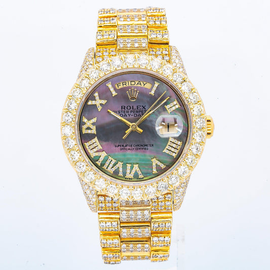 Rolex Day-Date 36MM 18038 Black Mother of Pearl Roman Diamond Dial Diamond Bezel 18K Yellow Gold Full Diamond President Bracelet 16.75ct