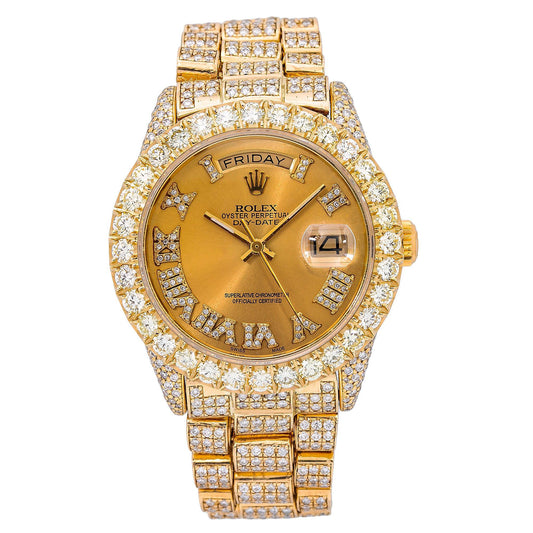 Rolex Day-Date 36MM 18038 Champagne Roman Diamond Dial Diamond Bezel 18K Yellow Gold Full Diamond President Bracelet