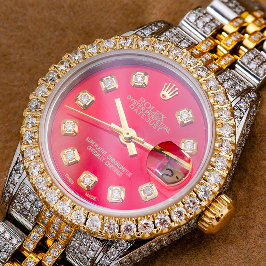 Rolex Datejust 26MM 6917 Red Diamond Dial Diamond Bezel Two Tone Yellow Gold Full Diamond Jubilee Bracelet