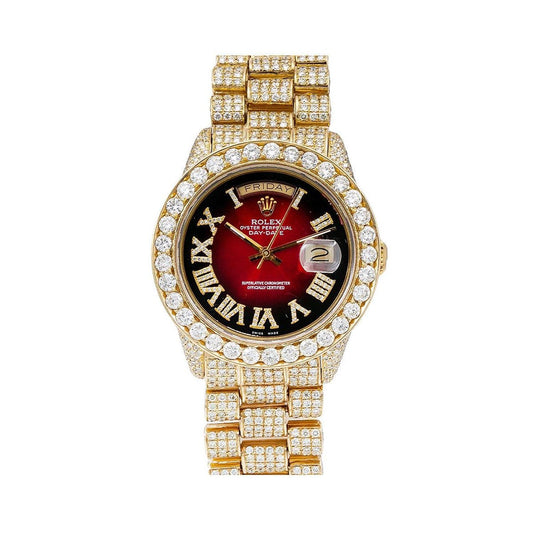 Rolex Day-Date 36MM 18038 Red Roman Diamond Dial Diamond Bezel 18K Yellow Gold Full Diamond President Bracelet 23.75ct