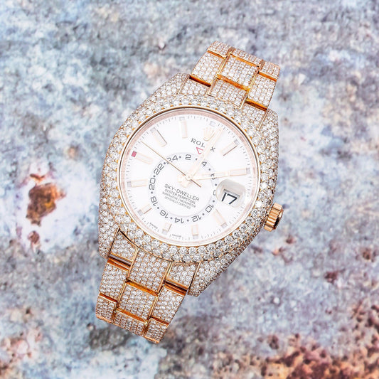 Rolex Sky-Dweller 42MM 326935 Silver Dial Diamond Bezel 18K Rose Gold Full Diamond Oyster Bracelet 25.75ct