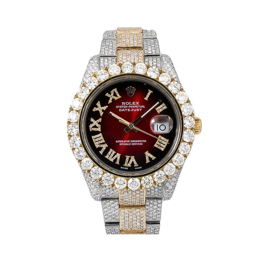 Rolex Datejust II 41MM 116333 Red Roman Diamond Dial Diamond Bezel Two Tone Yellow Gold Full Diamond Oyster Bracelet 25.75ct
