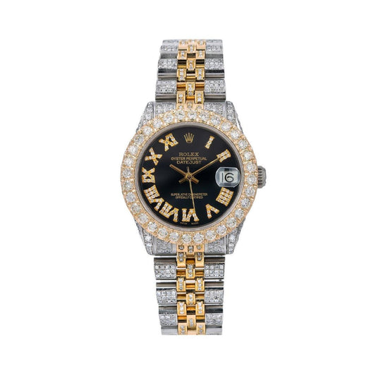 Rolex Datejust 31MM 68273 Black Roman Diamond Dial Diamond Bezel Two Tone Yellow Gold Full Diamond Jubilee Bracelet