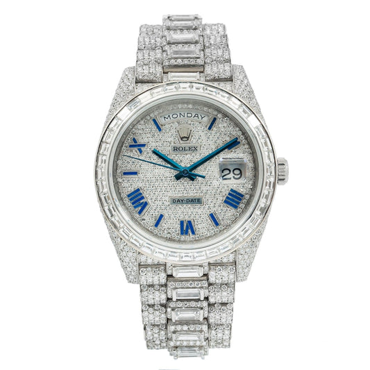 Rolex Day-Date 40MM 228206 Diamond Paved Blue Roman Dial Diamond Bezel 18K White Gold Full Diamond President Bracelet