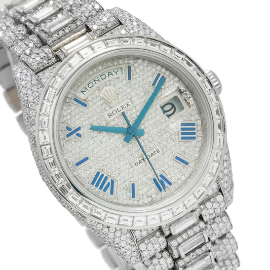 Rolex Day-Date 40MM 228206 Diamond Paved Blue Roman Dial Diamond Bezel 18K White Gold Full Diamond President Bracelet