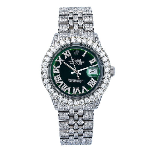 Rolex Datejust 36MM 1601 Green Roman Diamond Dial Diamond Bezel Stainless Steel Full Diamond Jubilee Bracelet 9.25ct