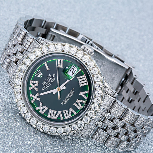 Rolex Datejust 36MM 1601 Green Roman Diamond Dial Diamond Bezel Stainless Steel Full Diamond Jubilee Bracelet 9.25ct
