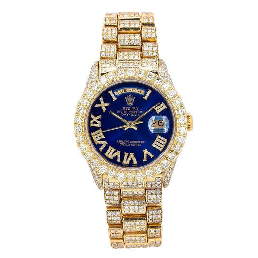 Rolex Day-Date 36MM 18038 Blue Roman Diamond Dial Diamond Bezel 18K Yellow Gold Full Diamond President Bracelet 15.75ct