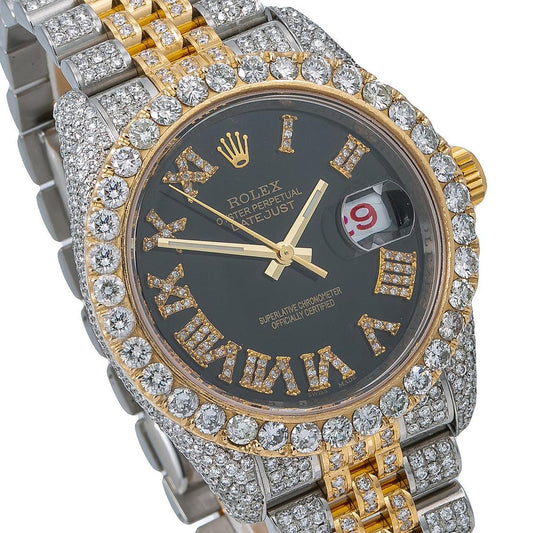 Rolex Datejust 36MM 116233 Black Roman Diamond Dial Diamond Bezel Two Tone Yellow Gold Full Diamond Jubilee Bracelet