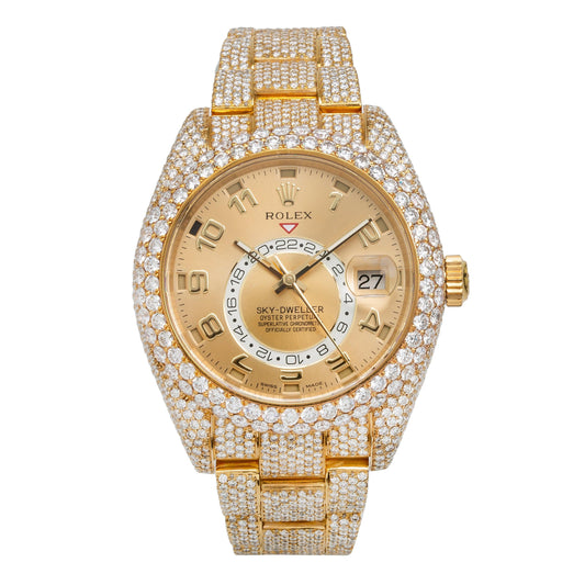 Rolex Sky-Dweller 42MM 326938 Champagne Dial Diamond Bezel 18K Yellow Gold Full Diamond Oyster Bracelet 23.75ct