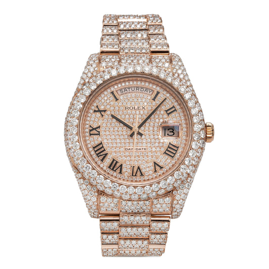 Rolex Day-Date II 41MM 218235 Diamond Paved Roman Dial Diamond Bezel 18K Rose Gold Full Diamond President Bracelet 21.75ct