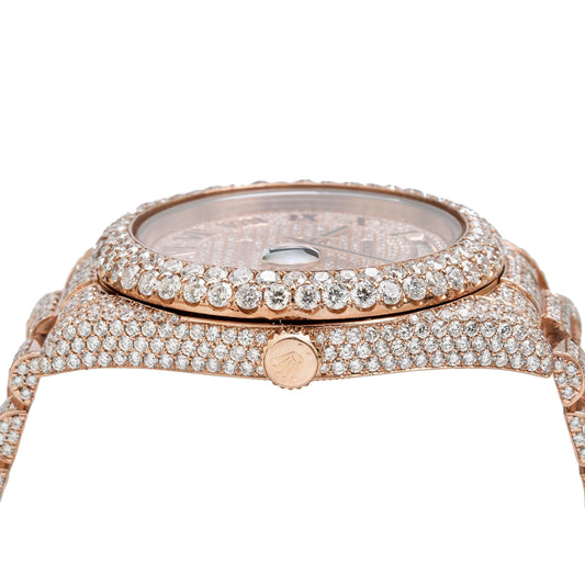 Rolex Day-Date II 41MM 218235 Diamond Paved Roman Dial Diamond Bezel 18K Rose Gold Full Diamond President Bracelet 21.75ct