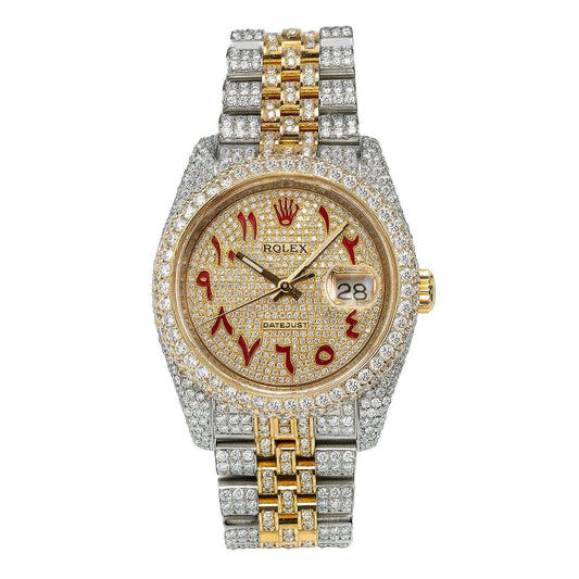 Rolex Datejust 36MM 116233 Diamond Paved Red Eastern Arabic Dial Diamond Bezel Two Tone Yellow Gold Full Diamond Jubilee Bracelet 13.25ct