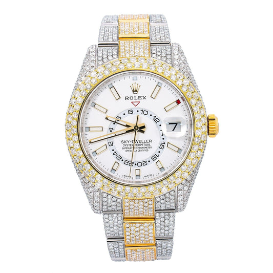 Rolex Sky-Dweller 42MM 326933 White Dial Diamond Bezel Two Tone Yellow Gold Full Diamond Oyster Bracelet 16.75ct