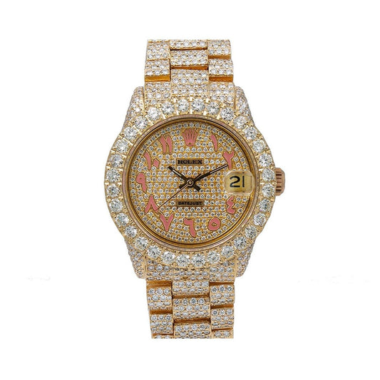 Rolex Datejust 31MM 6827 Diamond Paved Eastern Arabic Dial Diamond Bezel 18K Yellow Gold Full Diamond President Bracelet 12.25ct
