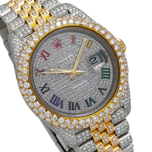 Rolex Datejust 41MM 126303 Diamond Paved Rainbow Roman Dial Diamond Bezel Two Tone Yellow Gold Full Diamond Jubilee Bracelet